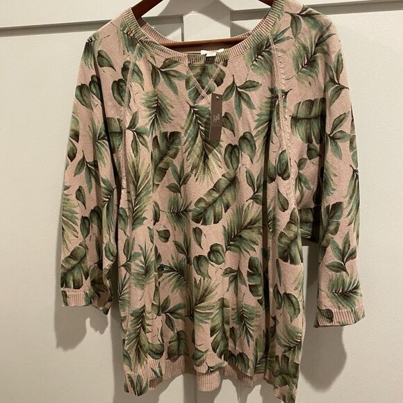 J Jill Sweater Women Petite LP Pink Green Pullover Royal Palm Leaf Printed NWT - Picture 3 of 16